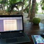 View from my room with laptop at Casa De Las Olas sustainable beach villas in Tulum mexico